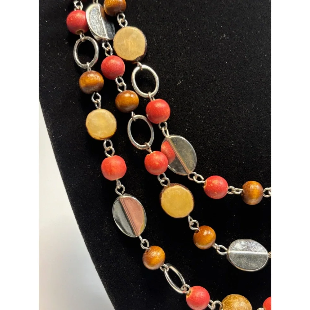 NY and Co‎ Layered Necklace Silver Red Brown Wood Bead Multi Strand Statement